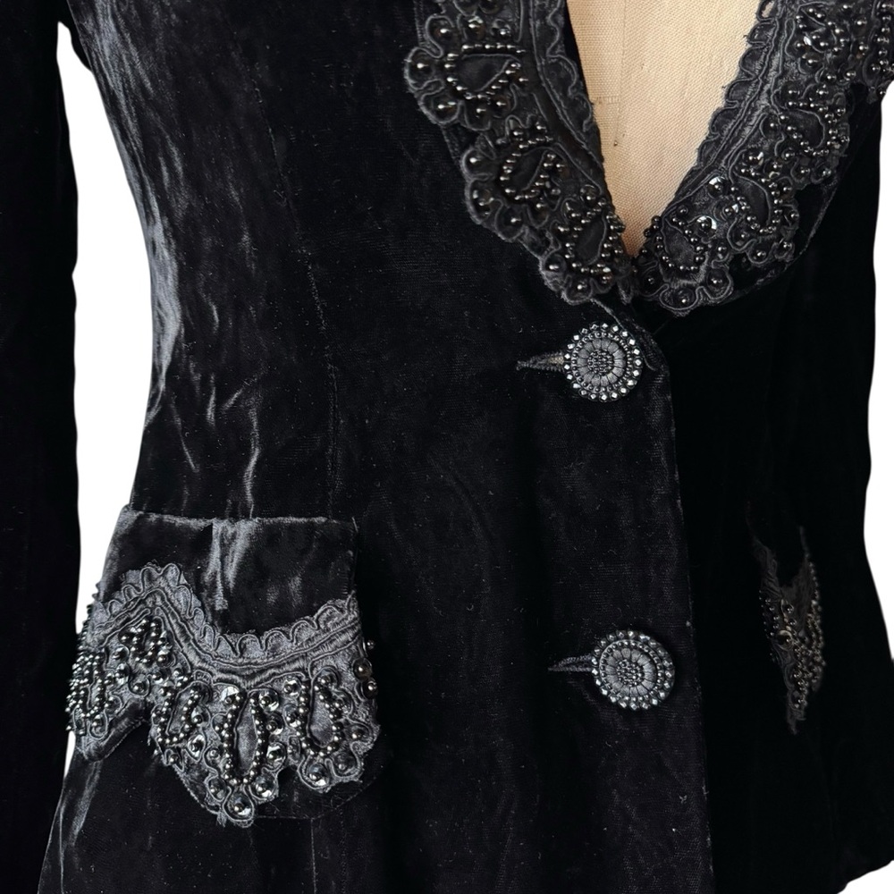 Vintage 1993 Anna Sui Black Velvet Beaded Edwardian Frock Coat - Picture 6 of 14